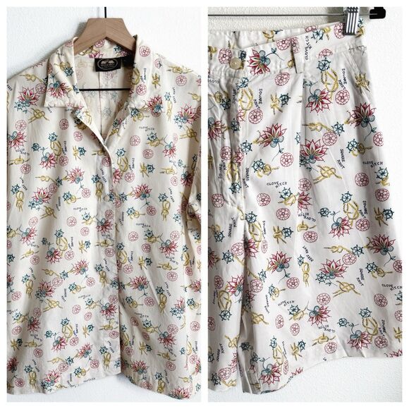 Vtg British Khaki Set Womens 10* Button Up Shirt Shorts Nautical Beach Tropical - Picture 1 of 16